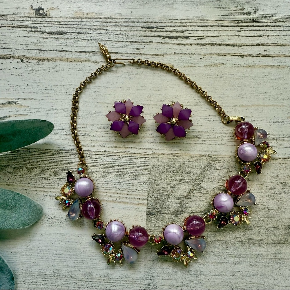 Vintage Purple & Gold Necklace & Clip-On Earring Set Aurora Borealis Crystals